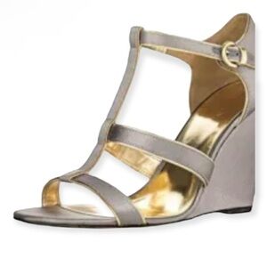 Coach Gray and Gold Wedge Sandals